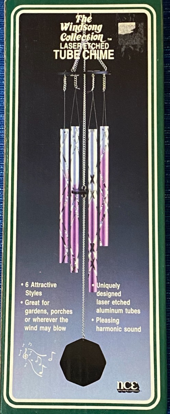 VTG 1993 NOS Wind Chimes Metal Etched Tube Outdoor Home Decor Silver Purple NCE
